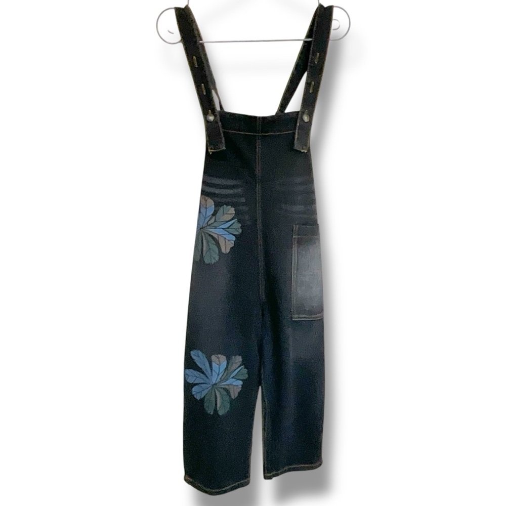 OMYCHIC Flower Club Loose Relaxed Fit Black Denim Overalls Pockets